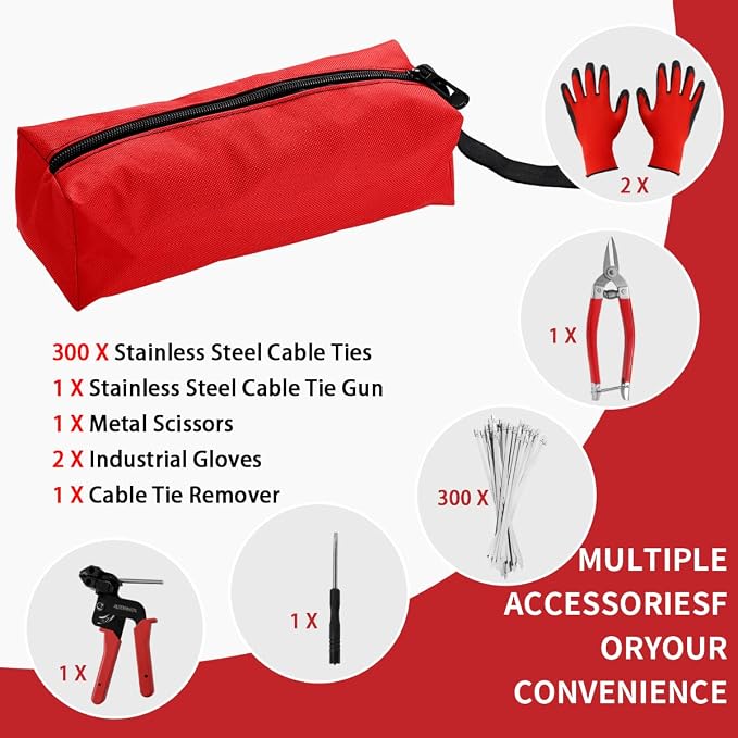 Metal Zip Tie Tool 300PCS (100 Each: 7.8/12/15.7 Inch) Stainless Steel Cable Tie Gun Kit | Self-Locking Fastening & Cutting Tool Metal Zip Tie Gun for Fencing, Exhaust Pipes, Automotive (Red)
