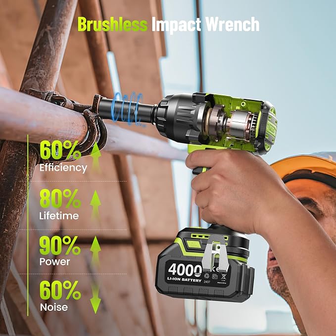 1032 ft-lbs(1400N.m) 1/2 Inch Cordless Brushless Impact Wrench | Includes 2x4.0Ah batteries and fast charger with 11pc tire repair kit, 3-speed, auto-stop, LED light, for car truck RV mower
