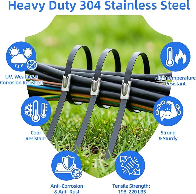 Metal Zip Ties Gun Tool Set,Upgraded Stainless Steel Cable Tie Gun with 200pcs Uv Resistant Black Heavy Steel Cable Tie Heavy Duty Outdoor for Fastening & Cutting, Chain Link Fence, Exhaust Pipe