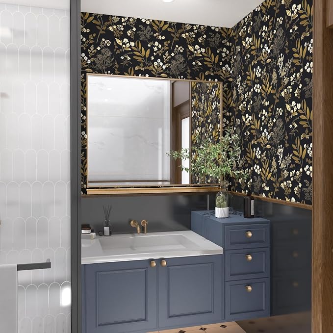 Vintage Floral Peel and Stick Wallpaper 17.5'' x 787'', Black Gold | Self Adhesive/Removable/Waterproof/Thick Vinyl Extra Long Contact Paper for Bathroom Bedroom Shelf Cabinet Drawer,Prepasted