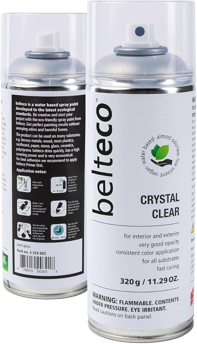 Crystal Clear Semi Gloss Spray Paint | Water based & Odorless | Eco-Friendly & Vegan | Weather & UV-Resistant | For all Substrates | Fast Drying with High Coverage | For Indoor/Outdoor Use