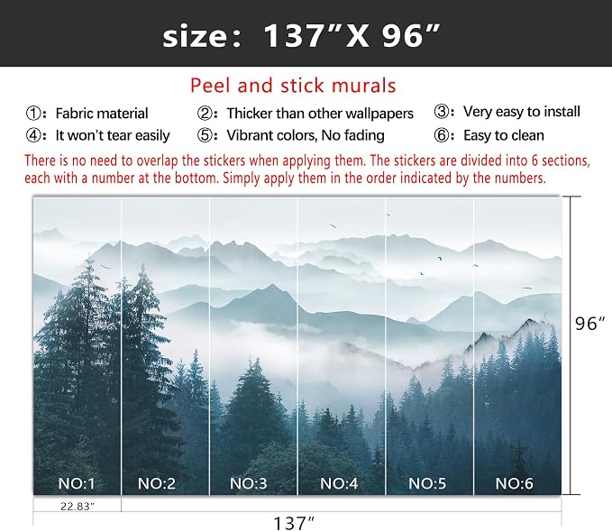 YIHWM-Peel and Stick Foggy Forest Wallpaper Misty Pine Scenery Tree Mural | Tear-resistant,with a substantial feel;the product is unlikely to be damaged when repositioned.Bedroom.L-137"x96"