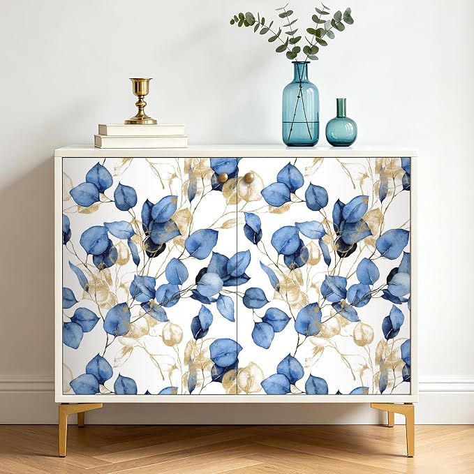 Livelynine Moody Blue Botanical Peel and Stick Wallpaper Navy White Gold | botanical wallpaper navy blue white and gold watercolor eucalyptus leaf self adhesive contact paper decorative 17.5x78.8"