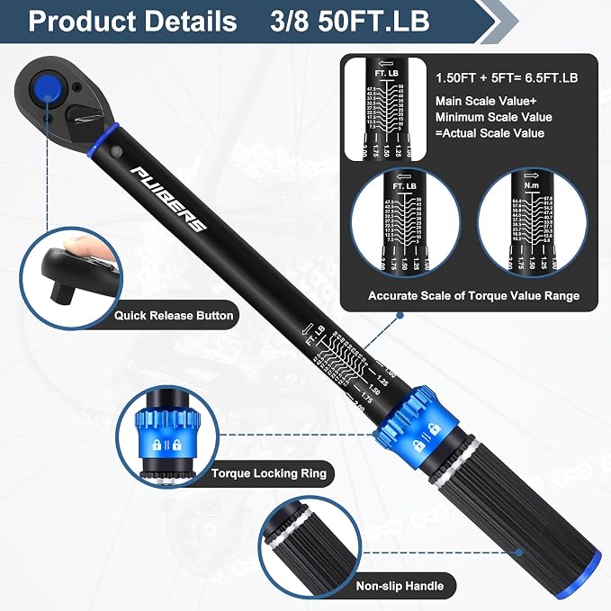 Torque Wrench 3/8 drive, 3/8 Inch Drive Click Torque Wrench Moto 5-50 FT.LB/6.8-67.8 Nm,Dual-Direction Adjustable 72 Tooth, Mechanic Wrenches Tools for Bike, Motorcycle and Car Repair