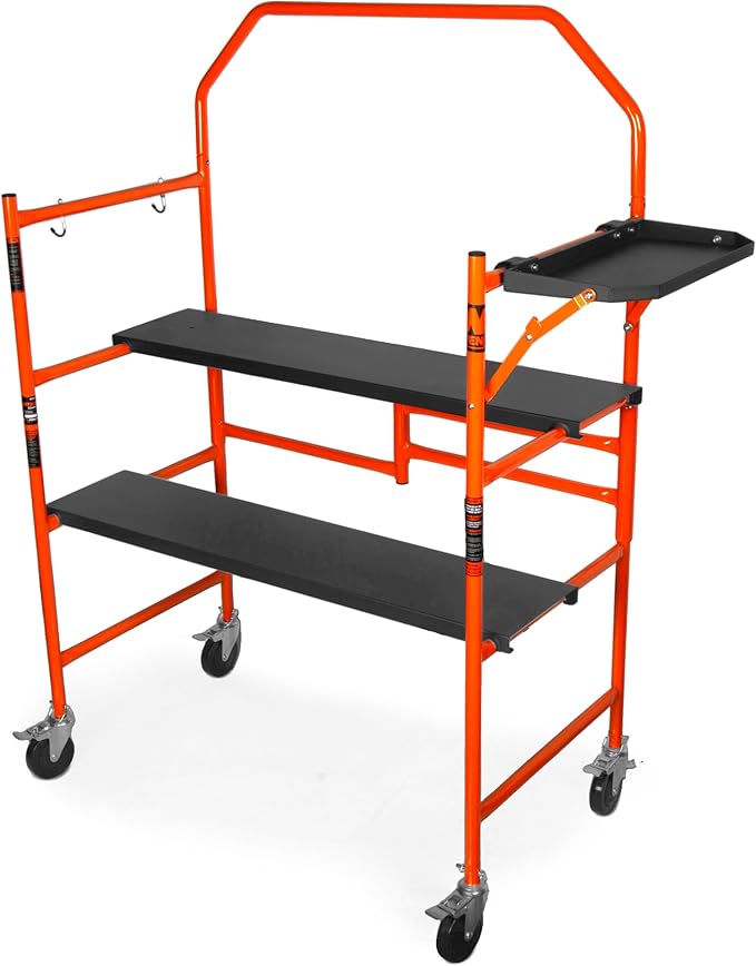 Wen 4-Foot Portable Rolling Scaffolding, 500-Pound-Capacity with Foldable Design, Safety Rail and Tool Shelf (31107)