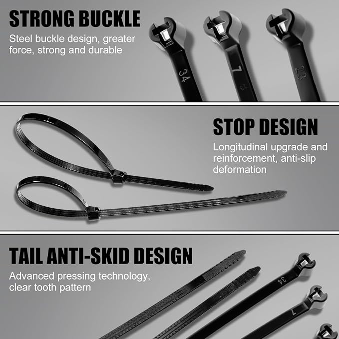 Blulu 1000 Pcs 7 Inch Cable Zip Ties with Metal Tooth Stainless Steel Locking Device, Black Nylon Cable Ties, 50 Lbs Tensile Strength, UV Resistant Wire Wraps Multi Purpose for Indoor Outdoor Use
