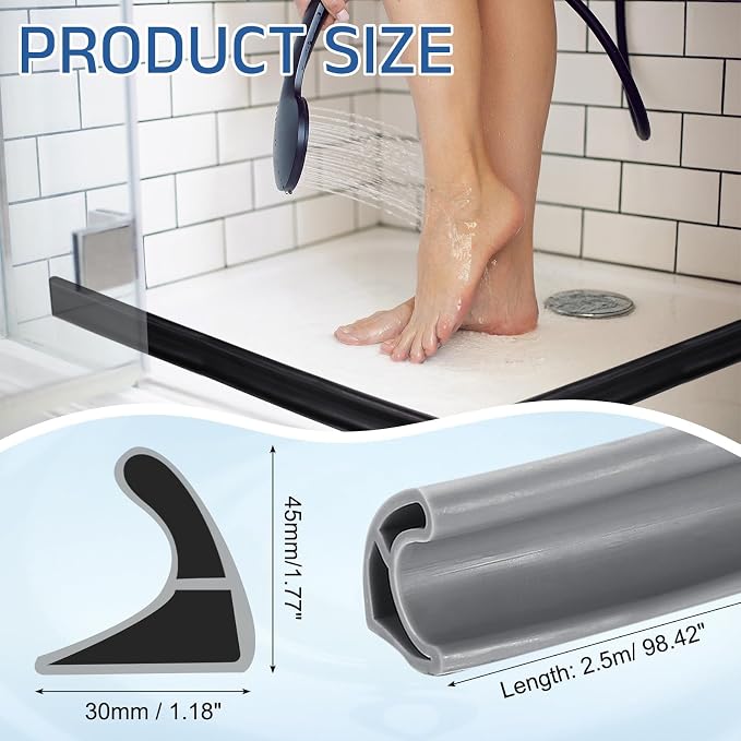 uxcell Flexible Shower Water Barrier, 98" TPE Shower Edge Water Stopper Blocker Splash Guard for Bathtub Sink Washing Machine Dry and Wet Separation, 1.18"W x 1.77"H, Grey
