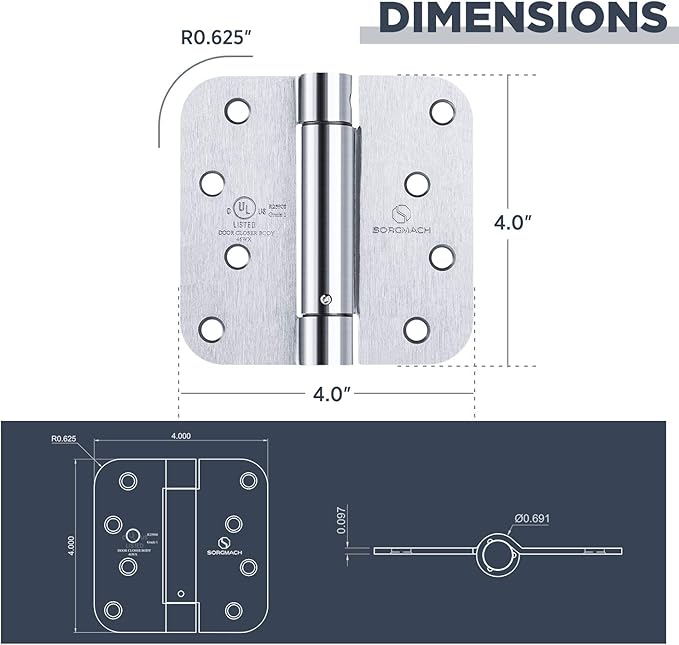 Satin Door Hinges Self Closing Hinge Auto Close Hinge Outlet Hardware Adjustable Spring Loaded Hinges 5/8" Radius Corner for Commercial Grade Self-Closing, UL Listed 3 Pack