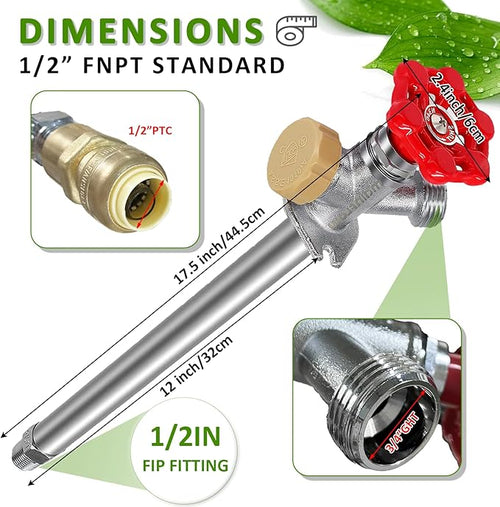 12 Inch Anti-Siphon Frost Free Sillcock Valve Multiturn 1/2 Inch NPT, 3/4 Inch Hose Bibb, Brass Body,Brass Valve 12 inch Length