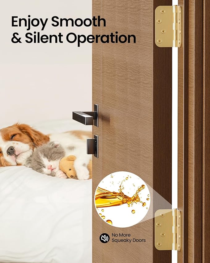 4" X 4" Satin Brass Door Hinges – 3Pack Satin Gold Brushed Brass Door Hinges with 5/8" Radius, Rounded Interior & Heavy Duty Front Door Hinge for Home, Gate, Furniture, Residential Use