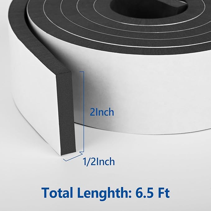 Self Adhesive Foam Tape Weatherstrip 2In x 1/2In x 6.5Ft High Density Foam Insulation Strips Foam Seal Weather Stripping with Strong Adhesive for Door and Window Sound Isolation Soundproofing