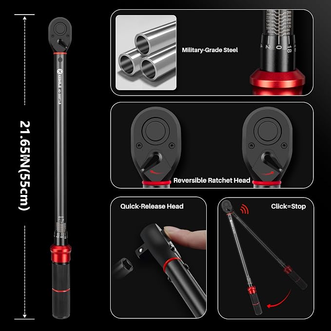 1/2-Inch Drive Click Torque Wrench-40-300 FT.LB for Car Moto Truck | Dual-Direction Adjustable 72 Tooth Torque Wrench(54.2-406.5 Nm), Dual Range Scales, High 3% Precision for RV Farmer off‑road