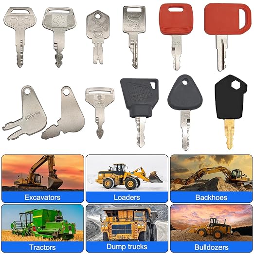 12 Pcs Multi Types Heavy Equipment Key Set, Construction Master Machine Keys Set Compatible with Bob-cat HySter JD CAT Volvo Komatsu JLG Toyota, Master Ignition Key for Workers and Opeartors