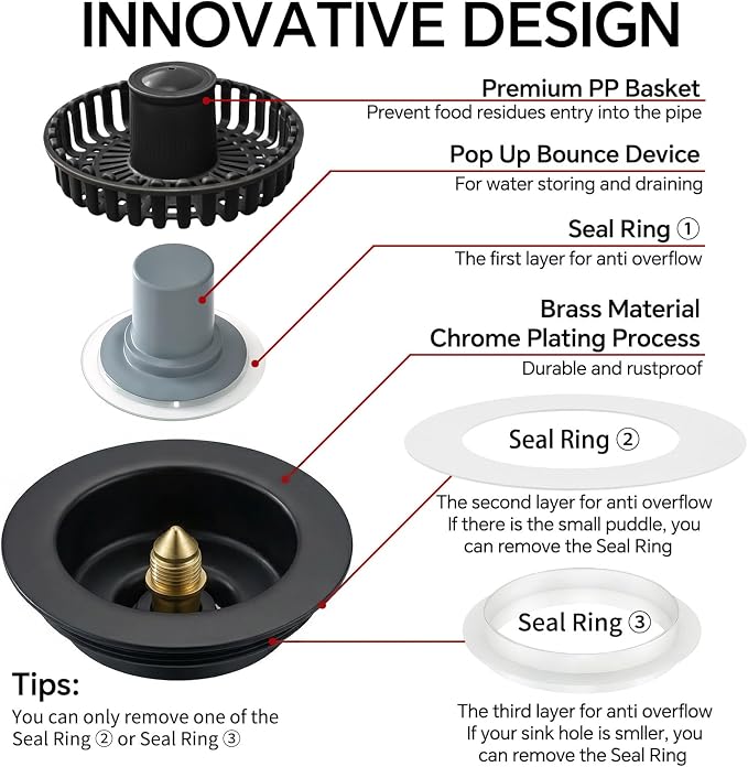 Kitchen Sink Stopper, 3 in 1 Pop Up Kitchen Sink Drain Strainer, with an Extra Basket Strainer, Sink Drain Stopper for US Standard 3-1/2 Inch, Brass Material Electroplate (Black)