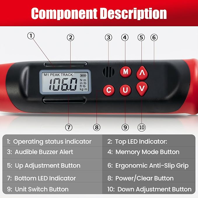 Digital HVAC Torque Wrench, 7.4-147.5 ft.lb/10-200 N.m, Crescent Head Adjustable Torque Wrench, 2% Accuracy, LED and Buzzer Alert, Professional Tool for Mini Split AC and HVAC