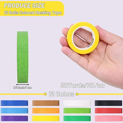 Oleitodh 12 Rolls Colored Masking Tape-1/2 inch x 1080 Ft Painters Tape, Rainbow Colors Rolls Bulk Kids Colorful Paper Marking Tape Decorative Arts Crafts Labeling DIY School Classroom Supplies