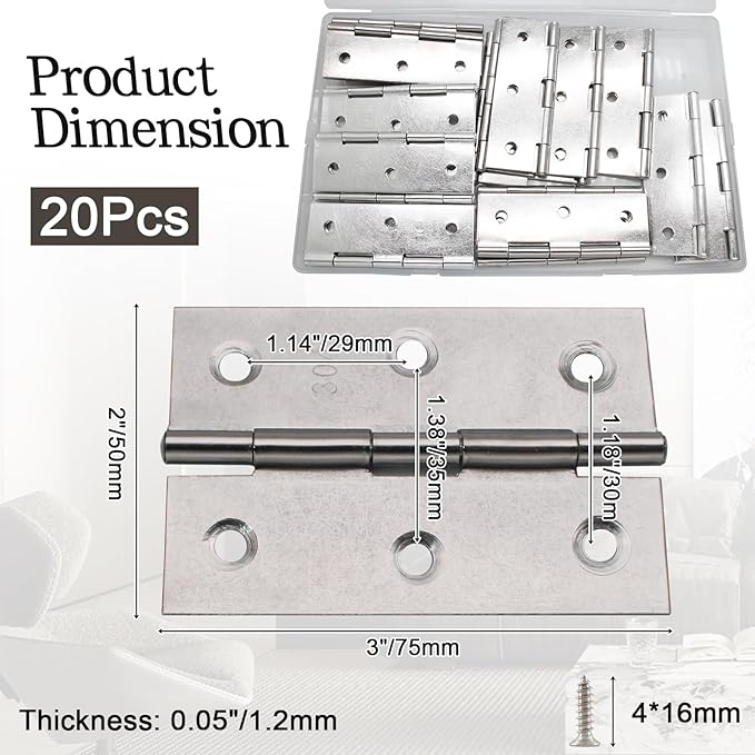 Luomorgo 20 Pack 3 Inch Mini Hinges Butt Hinges, Stainless Steel Cabinet Hinges, Small Folding Door Hinge for Wooden Box, Crafts (Silver)