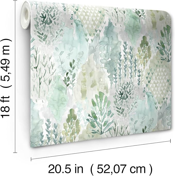 RoomMates Green Watercolor Tree Mosaic Peel and Stick Wallpaper, 20.5 in x 18 ft, Vinyl, Removable, No Sticky Residue, For Smooth Surfaces