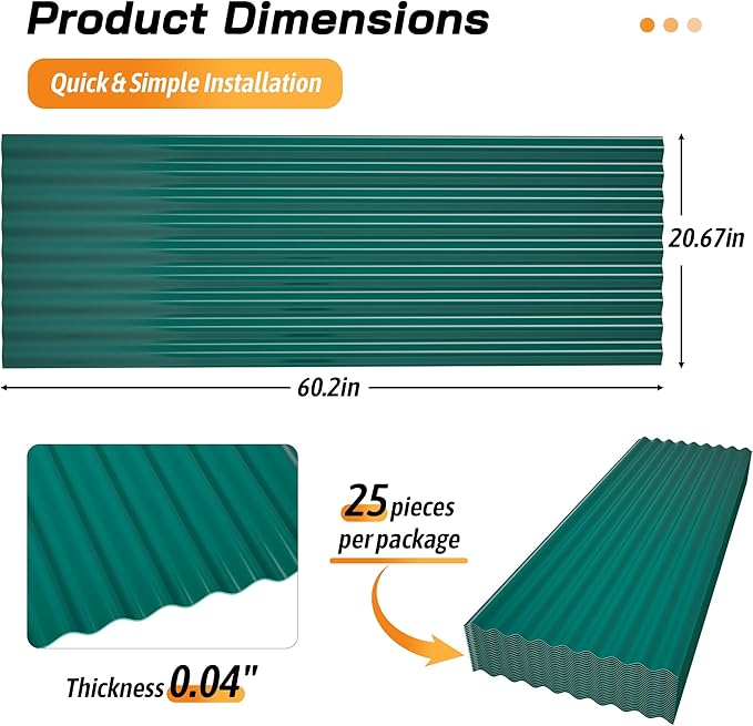 Resin Roof Panels 25Pcs 60.2×20.67 Inches with Screws, Corrugated PVC Roofing Panels, Waterproof Wall Panel Siding Panels Sheets for Garages, Sheds, Chicken Coop, Stables and Mobile Homes, Green