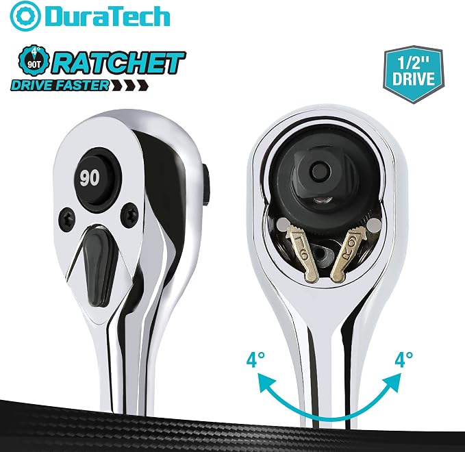 DURATECH 1/2-Inch Drive Ratchet, 90-Tooth Quick-Release Ratchet Wrench | Reversible, Cr-V Made, 4° Swing, Full Polished, Professional Socket Wrench for Men Women Stocking Stuffers for Men Women