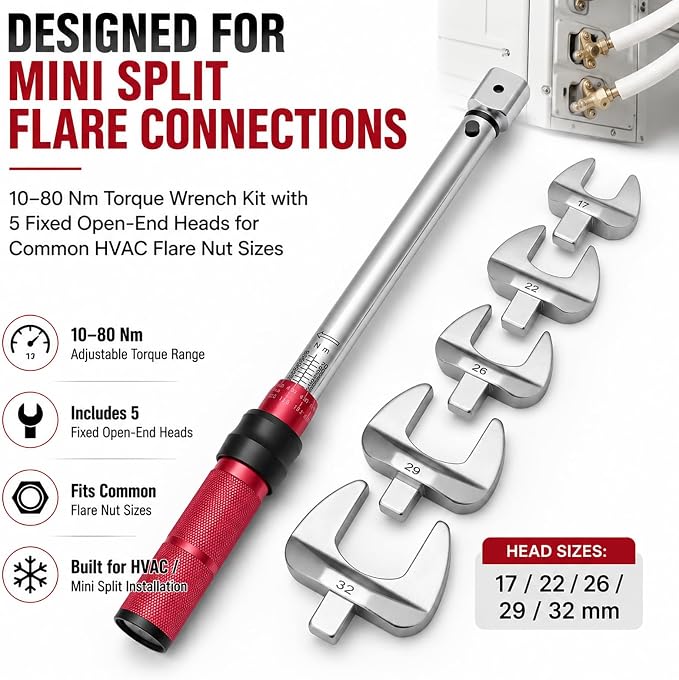 Mini Split Torque Wrench Set, 10–80 Nm HVAC Torque Wrench with 5 Fixed Open End Heads, 17/22/26/29/32 mm Open End Torque Wrench for Mini Split Installation, Adjustable Torque Wrench for Flare Nuts