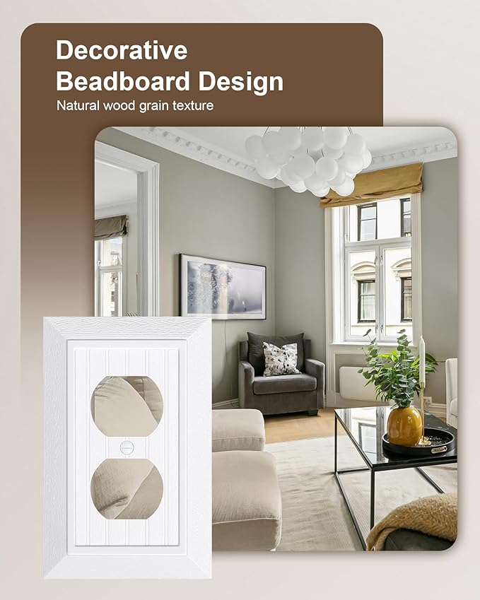 6-Pack Classic Beadboard Duplex Outlet Cover Plate, Decorative Unbreakable Polycarbonate Switch Plates and Outlet Covers, Pure White Wall Plates for Electrical Outlets, 1 Gang Receptacle Cover