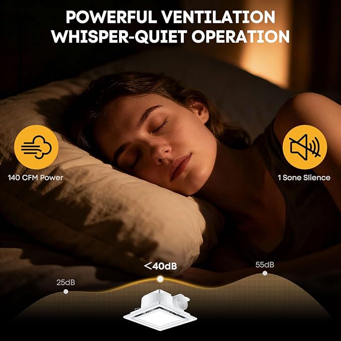 Bathroom Exhaust Fan with Light 12" Ultra Quiet 1.0 Sones,1200LM, 5CCT, Exhaust Fan Mounting Opening 10"x10" in 140CFM Bathroom Fan with Light Ceiling Mount for Home, Bath, Office