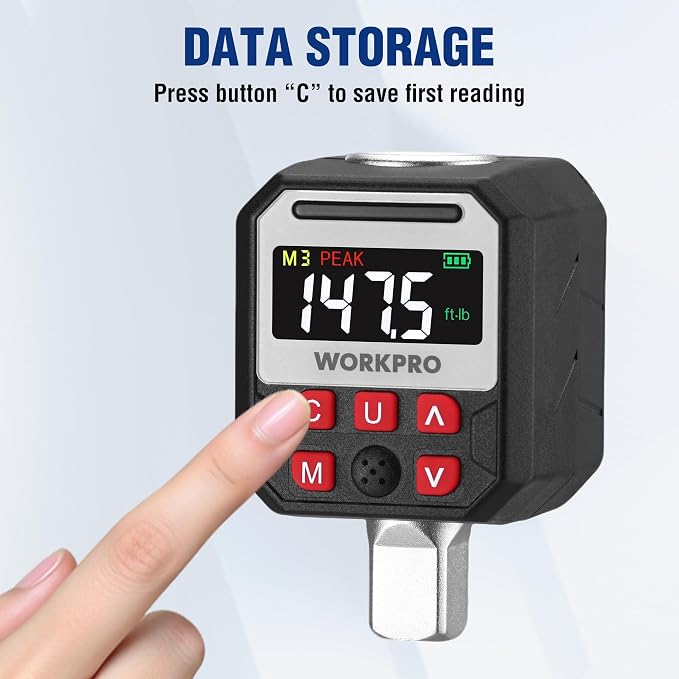 WORKPRO 1/2" Drive Digital Torque Adapter, 7.38-147.5 ft-lb (10-200 Nm), Electronic Torque Wrench Adapter with Buzzer Alert, 1/4" & 3/8" Adapters, Batteries & Case Included