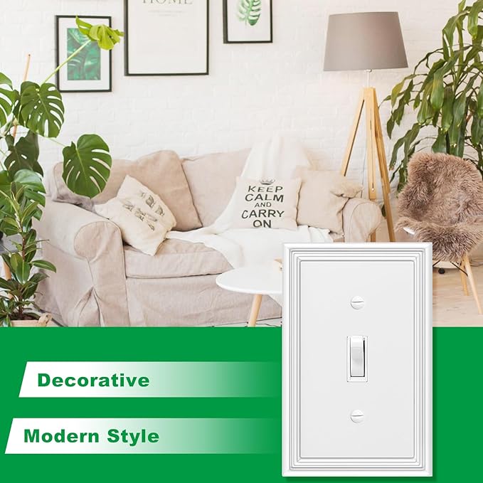 White Modern Decorative Wall Plate Light Switch Cover Decorator Outlet Covers Rocker Switch Plates Bamboo Fiber Material Wall Plates for Kitchen Bathroom (1 Gang Single Toggle-4 Pack)