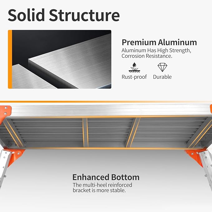 Multifunctional & Adjustable Work Platform with Wheels, 330 lbs Capacity, 25 to 35 inches Step Ladder, Aluminum Folding Scaffolding Ladder, Heavy Duty Portable Bench Ladder Stool with Non-Slip Feet