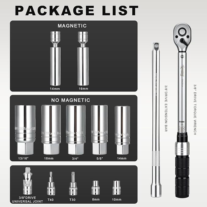 AEROFORCE 14PCS 3/8" Drive Spark Plug Socket Set – Includes 2 Magnetic Sockets (14mm, 16mm) & 5 Rubber-Grip Sockets + Torque Wrench (5-45 Lb.ft), Swivel Joint & Extension Bar – CR-V Steel