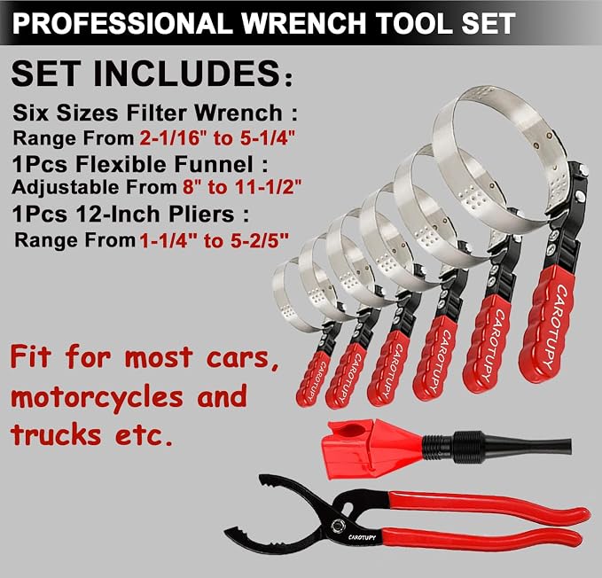Oil Filter Wrench Set, Oil Filter Pliers with Small Funnel, 8 Pcs | Universal Oil Filter Removal Tool 1-1/4"-5-2/5", 12" Adjustable Oil Filter Pliers with Snap-On Oil Funnel for Automotive