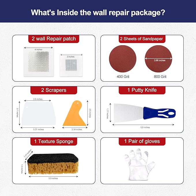 BONCART 8.6oz Drywall Patch Repair Kit - Professional All-in-1 Tool Set (Scrapers/Sandpaper/Texture Sponge/Gloves/ Aluminum Patches) for Fast Wall Hole Repair
