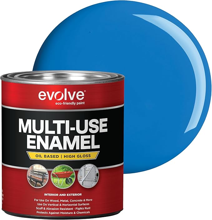 EVOLVE Multi-Purpose Alkyd Enamel – Interior Exterior Oil-Based Paint for Wood, Metal, Concrete, & Masonry, High-Gloss, Rust & Abrasion Resistant (Safety Blue, 1 Quart)