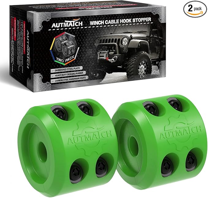 AUTMATCH Winch Cable Hook Stopper (2 Pack), Silicone Rubber Winch Stopper for Wire & Synthetic Rope, Winch Line ATV UTV, Shock Absorbent, Prevent Pulling Bounce and Abrasion, Green