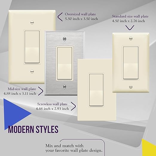 ENERLITES 3-Way Decorator Paddle Rocker Light Switch with Wall Plate, Gloss Finish, Single Pole or Three Way, 3 Wire, Grounding Screw, 15A 120V/277V, UL Listed, 93150-LAWP, Light Almond (10 Pack)
