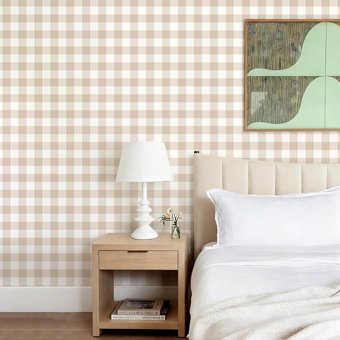 Plaid Wallpaper Peel and Stick, Beige, 17.7"x393" | Self Adhesive, Vinyl, Removable, Boho Contact Paper, Checkered Wall Paper for Bedroom, Living Room, Bathroom