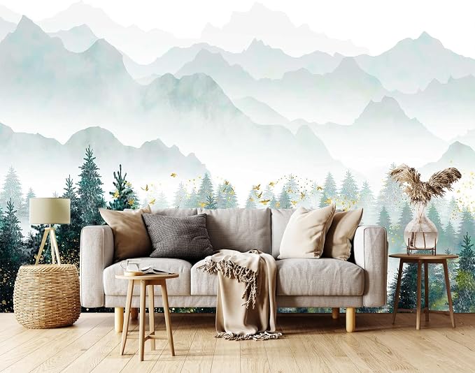 Toolhom Hazy Forest Wallpaper with Gold flecks, Misty Mountain Peaks Mural | 170"x108" non-self-adhesive nature landscape wall mural