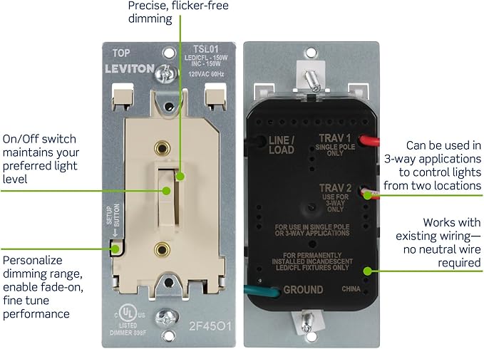 Leviton Toggle Slide LED Advanced Dimmer Switch for 150W Dimmable LED, Halogen and Incandescent Bulbs and Fixtures, TSL01-I, Ivory