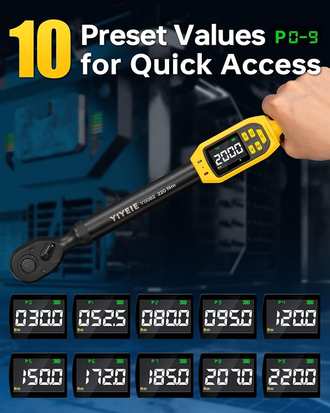 Digital Torque Wrench 1/2" Drive, 8.5-160 Ft-lb/10-220 N.m (±1% Accuracy) | Color LCD, Buzzer and LED Alert, 1/2 Torque Wrench Electronic 8Pcs with Extension Bar, 5 Sockets for Motorcycle, Car Repair