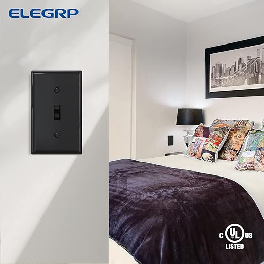 ELEGRP 3 Way Toggle Light Switch with Plate, 15 Amp, 120 V, Toggle Framed AC Quiet Switch, in Wall On/Off Switch, Self-Grounding, Residential and Commercial Grade, UL Listed (10 Pack, Glossy Black)