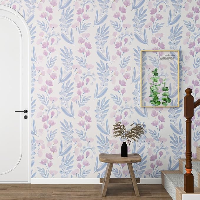 Floral Peel and Stick Wallpaper, Purple, 17.7"x393" | Self-Adhesive, Vinyl, Removable, Boho Contact Paper, Flower Wall Paper for Bedroom, Living Room, Bathroom