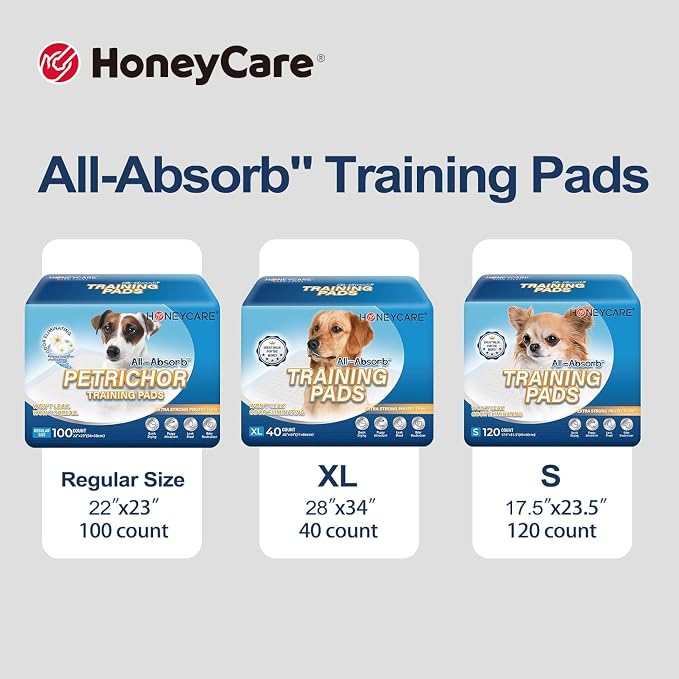 HONEY CARE All-Absorb, Large 22" x 23", 100 Count, Dog and Puppy Training Pads, Ultra Absorbent and Odor Eliminating, Leak-Proof 5-Layer Potty Training Pads with Quick-Dry Surface, Blue, A01