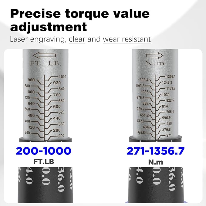 SuZhi 1 Inch Drive Torque Wrench 200-1000 FT.LB / 271-1356.7N.M/Aluminum Alloy handle & Cr-Mo Material Head, Heavy Duty, Professional,Dual Direction, Store in Solid Case