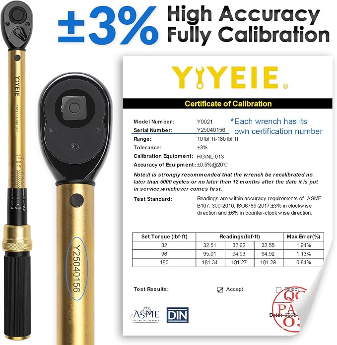 1/2" Drive Click Torque Wrench Set 3PCS, 10-180 FT-LB/13.6-244.1 Nm | ±3% Accuracy, 72-Tooth Ratchet with 3/8 Adapter & Extension Bar, Lug Nut Torque Wrench for Car Tire, Wheel & Motorcycle
