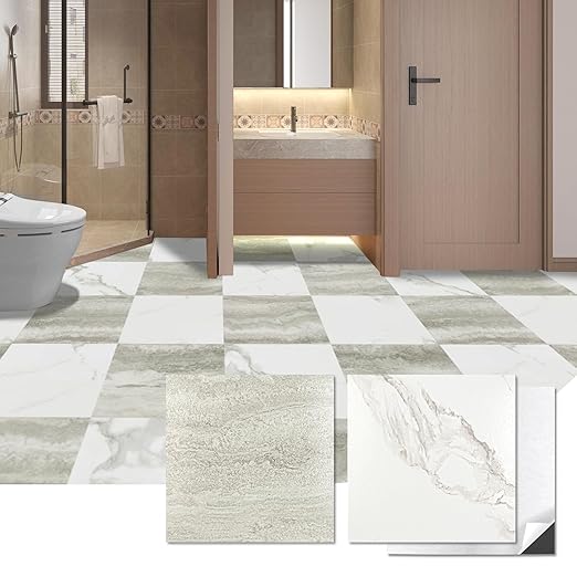 Art3d Peel and Stick Floor Tile, 30-Pack 12 x 12in. Covers 30 Sq.ft, Waterproof Vinyl Flooring Tiles Self Adhesive for Kitchen, Bathroom & Bedroom - White & Beige Marble (15 Tiles per Color)
