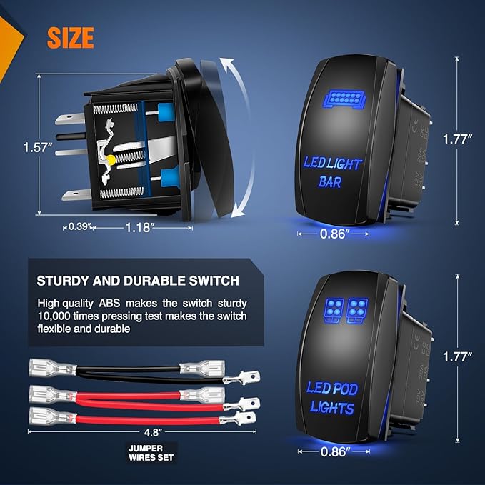 Nilight 2 Pack Led Pod Lights Rocker Switch Light Bar 5 Pin Laser On Off SPST Switches 20A/12V 10A/24V Blue with Jumper Wires Set for Cars Trucks RVs