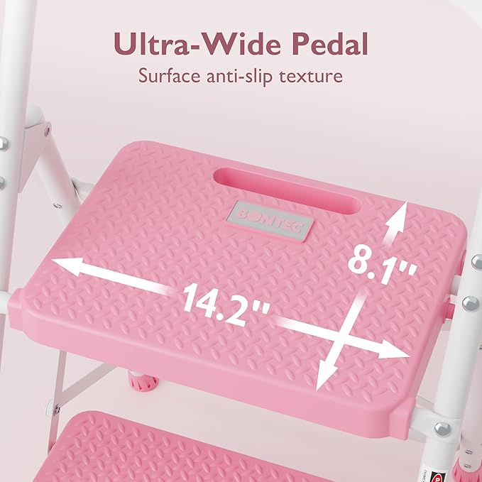 BONTEC 2-Step Ladder, Folding Step Stool, 600lbs Max Load Capacity, Sturdy Steel, Non-Slip Pedals, Lightweight, Portable Steel Ladder with Convenient Handrail, Safety Design for Home & Work, Pink