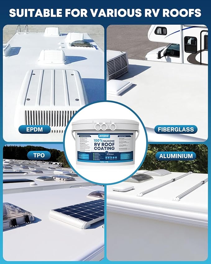 Kohree RV Roof Coating 1 Gallon, 100% Silicone RV Roof Sealant, No Primer Needed, Waterproof Solar Reflective Flexible RV Sealant for EPDM, TPO, Campers, Trailers, Leak Repairs, White