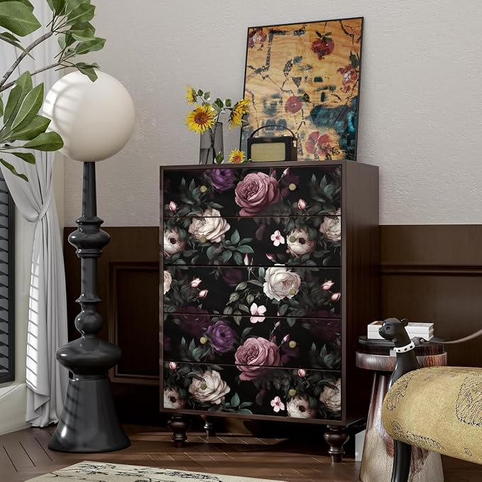 Fvlow Pink Rose Dark Floral Peel and Stick Wallpaper 17.4" x 788" | Renter Friendly, Removable & Waterproof, Vinyl Easy Install for Bedrooms, Bathrooms, Kitchens, Cabinets and Home Decor